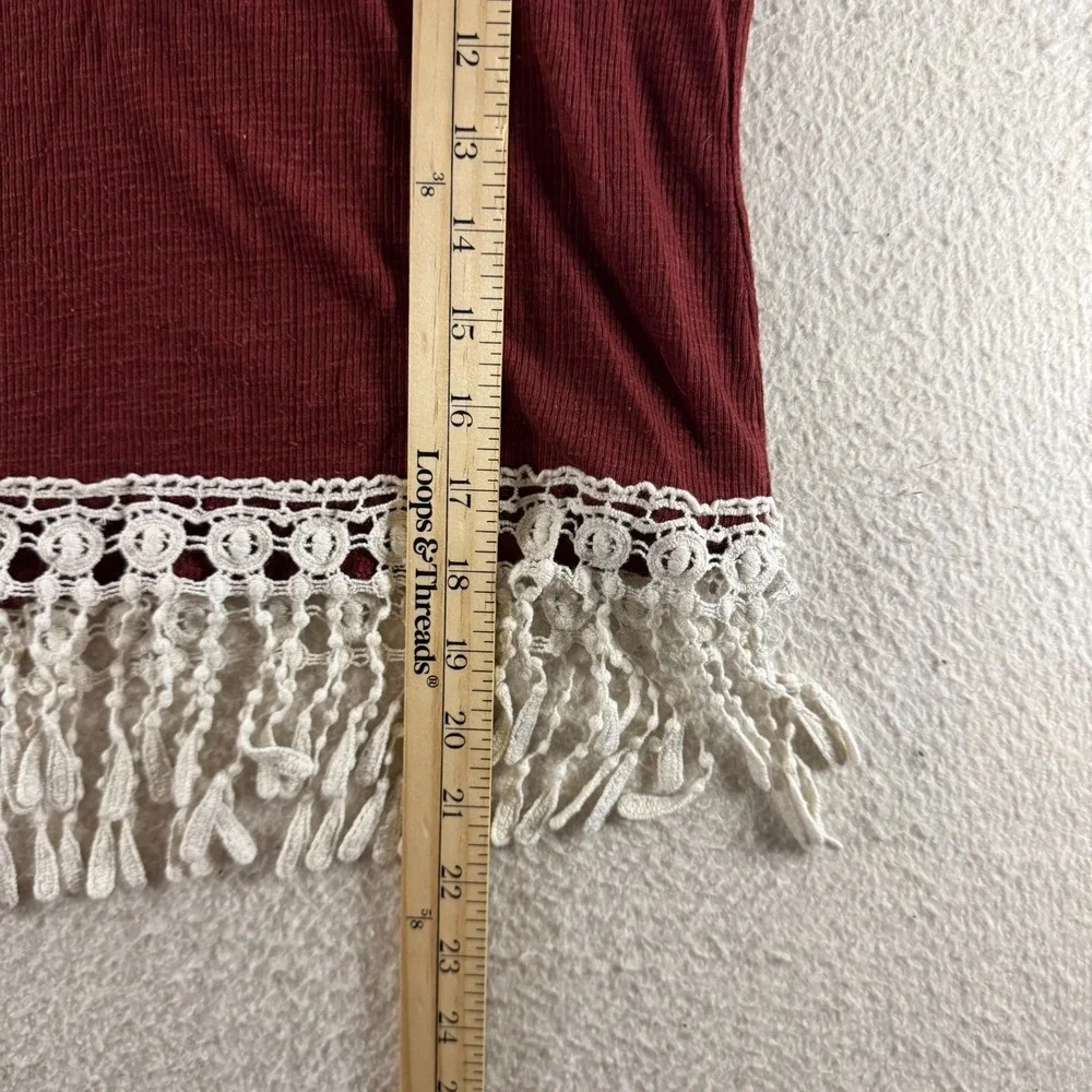 rue21 Tank Top Womens Large Burgundy Good Boho Crochet Fringe Strappy Back